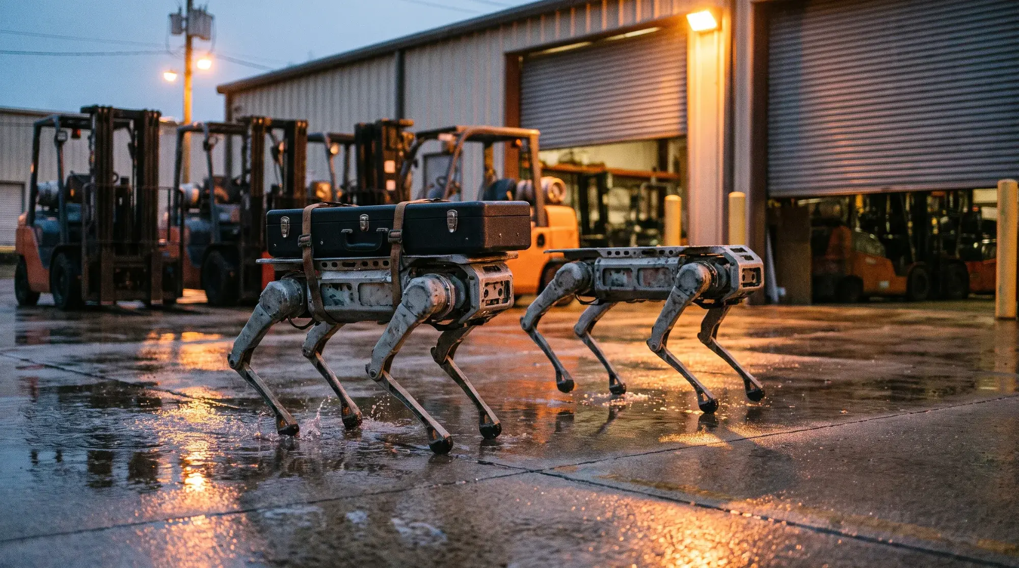 Two quadruped robots crossing a wet loading dock at dusk