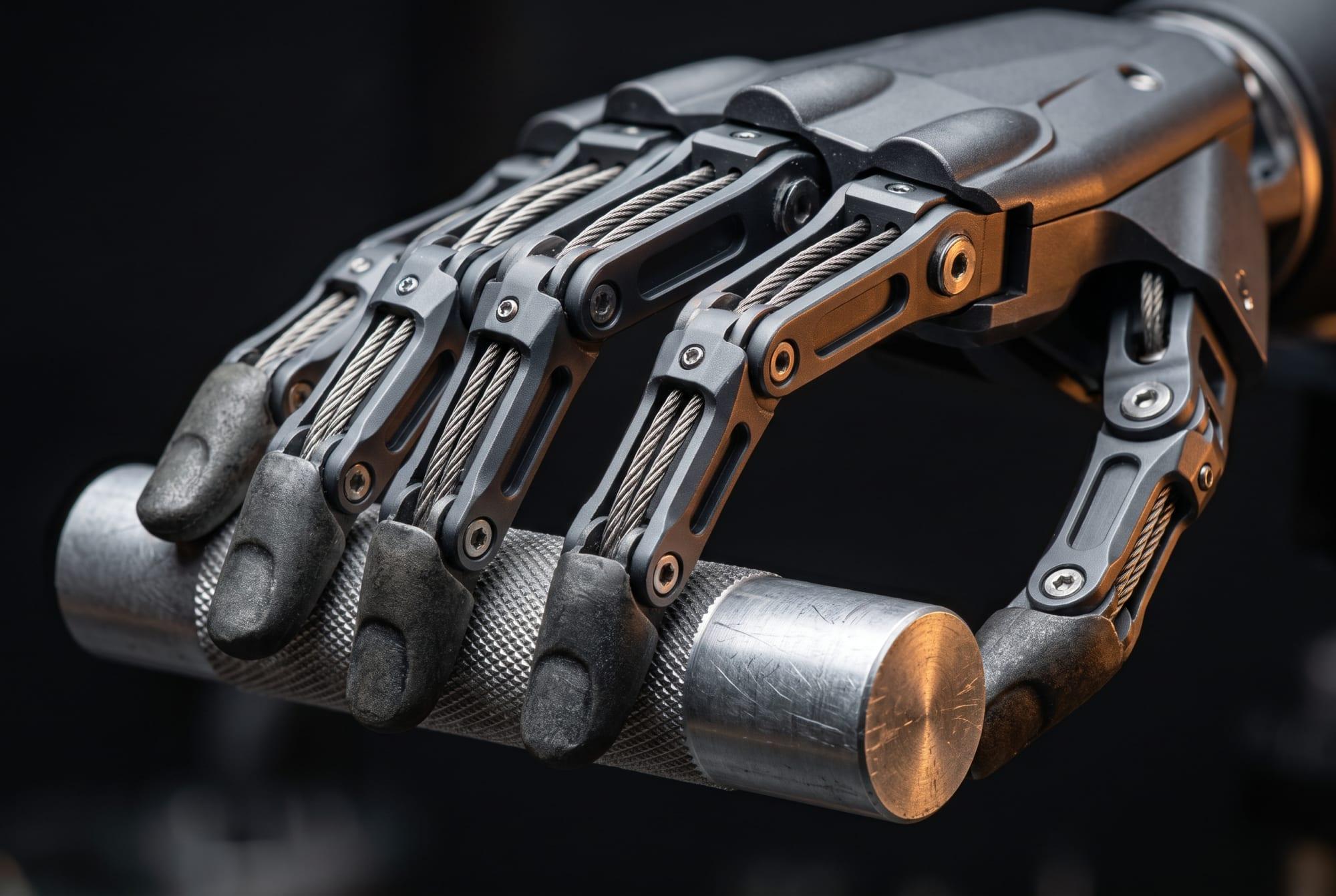 Macro detail of a robotic hand gripping a machined test bar