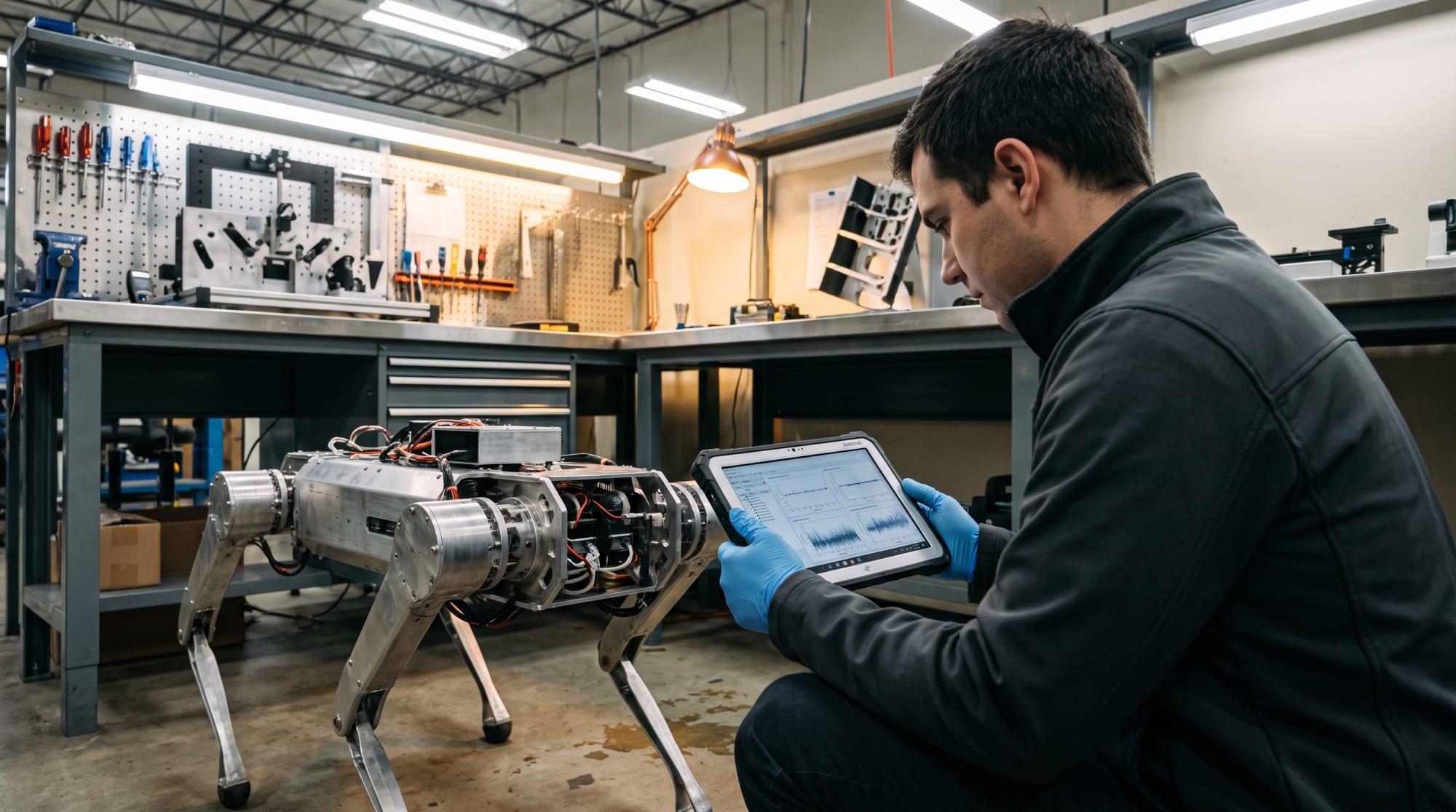 Technician running diagnostics on a quadruped robot