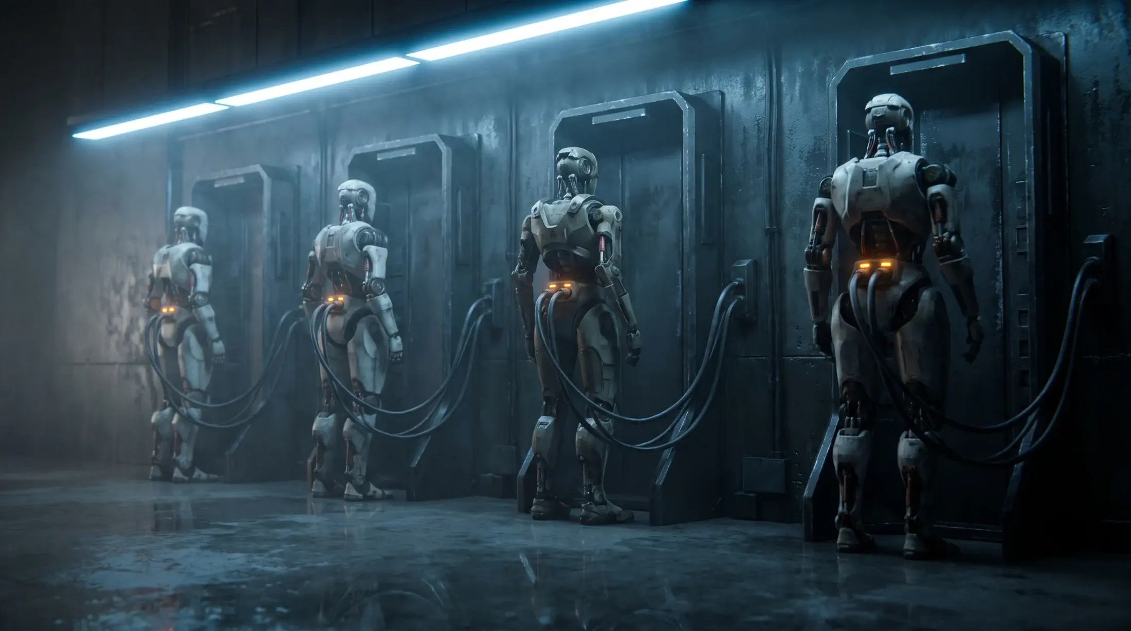 Concept render: humanoid robots docked in a row of charging bays