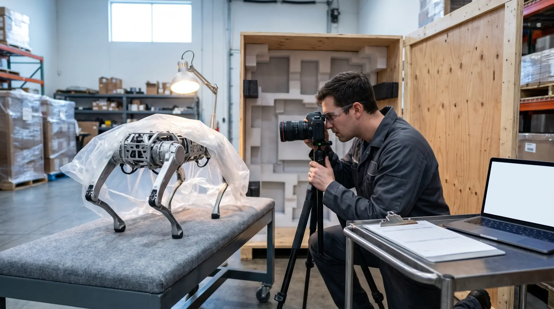 Technician photographing a quadruped robot on an inspection bench for a condition report