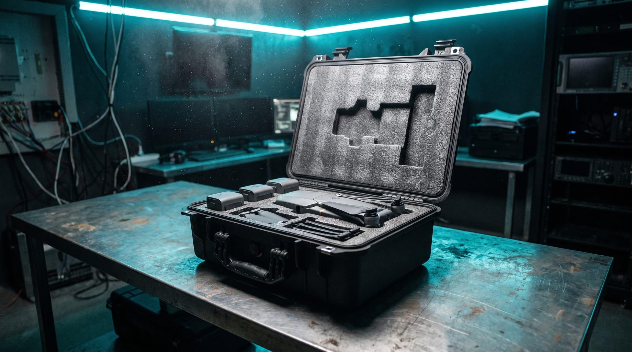 A folded survey drone in a foam-lined transit case