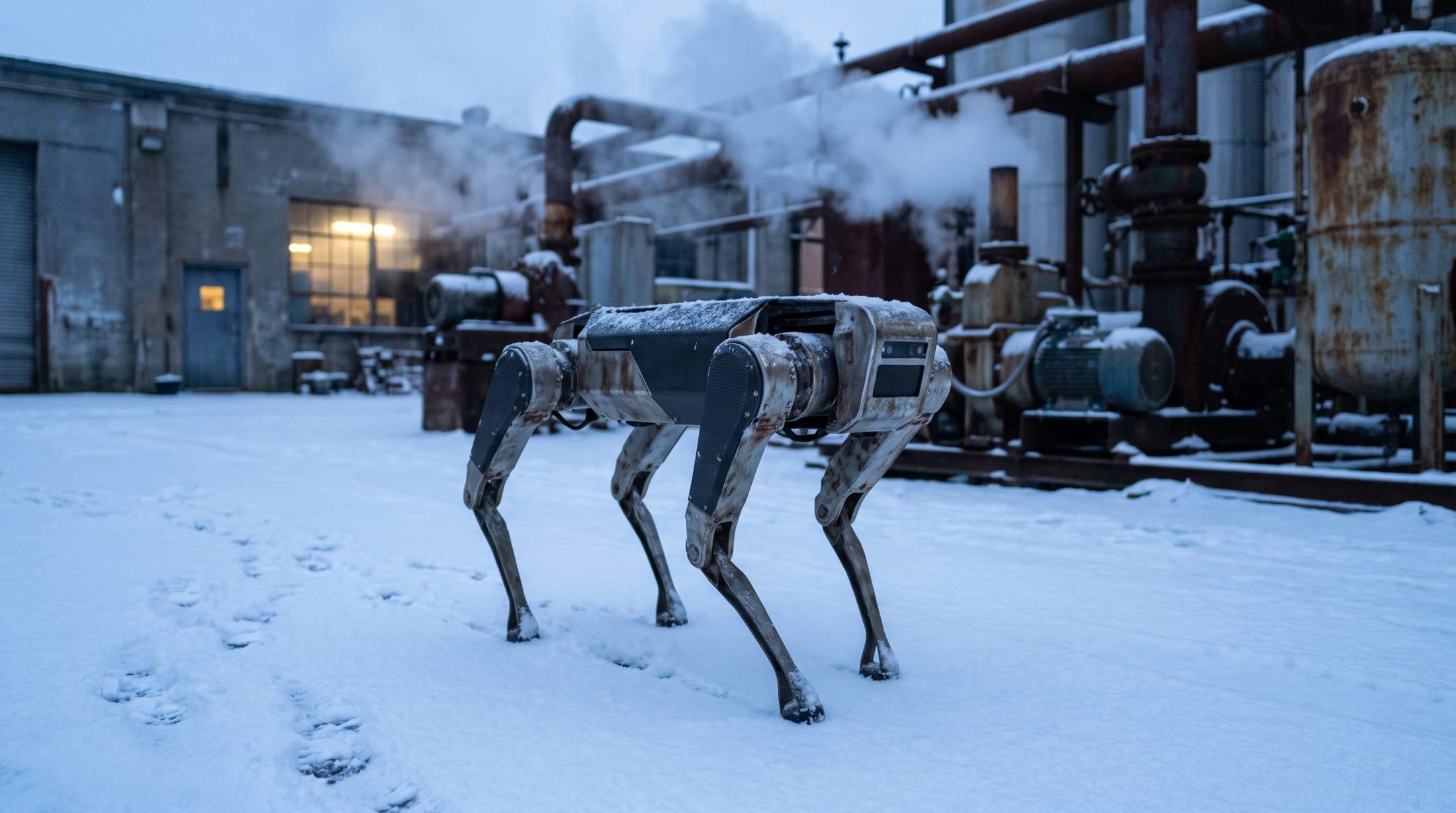 Concept render: a quadruped robot walking through snow in an industrial yard